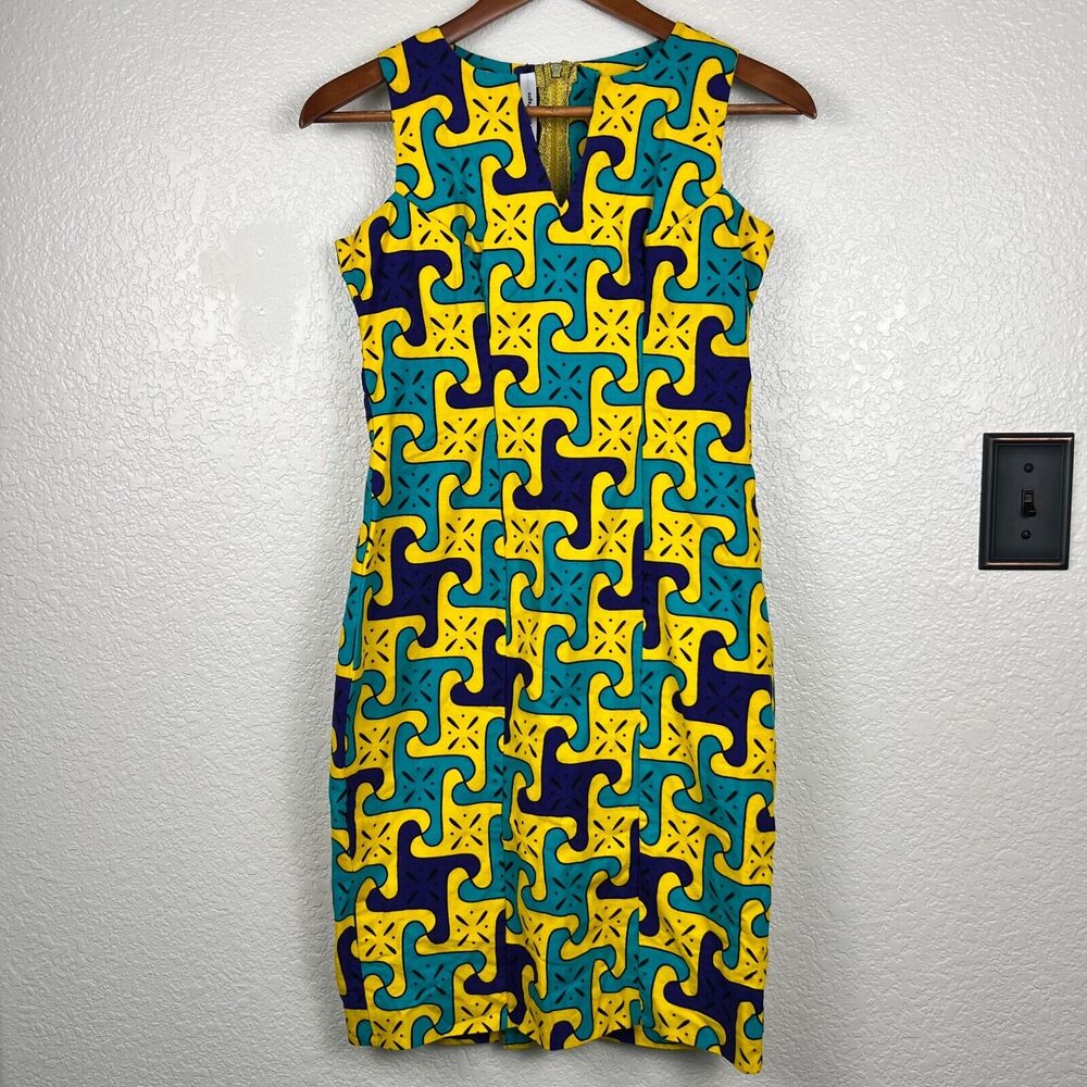Handmade Womens Yellow Gold Zipper Abstract Funky Maximalist V-Neck Dress S